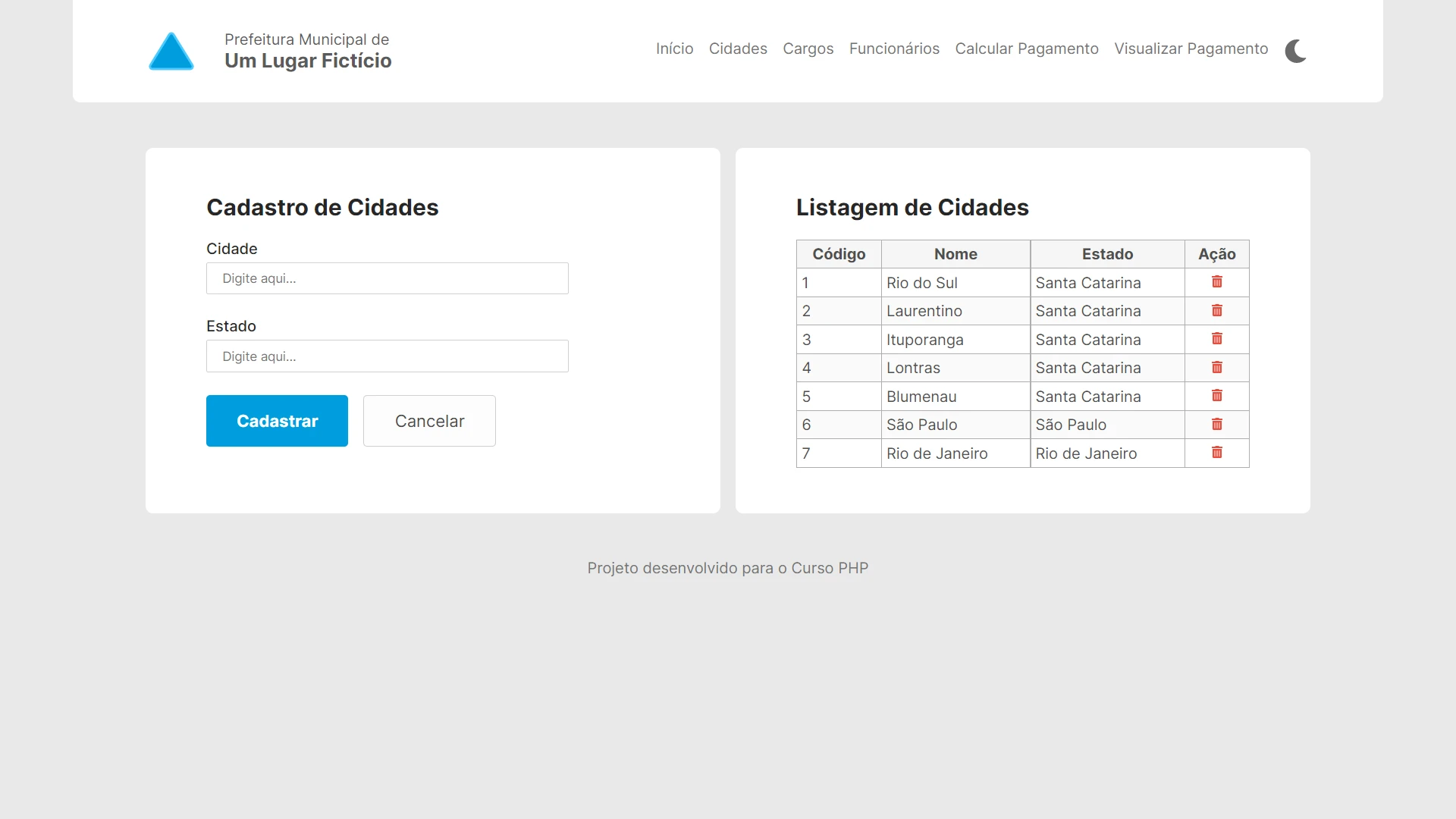 Cadastro de cidades Desktop 2